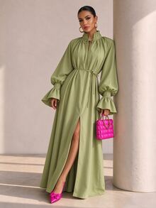 Structelle Women's Casual Raglan Puff Lantern Sleeve Dress With Cuffed Frill Trim, V-Neck Mock Collar With Tie Design, Straight Loose Fit Long Robe Dress - Green - View 4