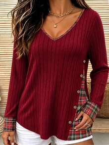 SHEIN LUNE CURVE 大尺碼羅紋格紋拼接鈕扣時尚T恤聖誕款 - 紅色 - 查看 5