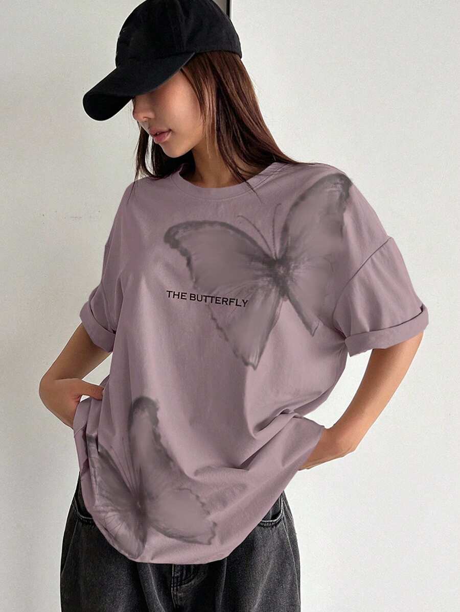 DAZY 蝴蝶与口号图案落肩 T 恤 THE BUTTERFLY 超大 T 恤 - 淺灰紫 - 查看 1