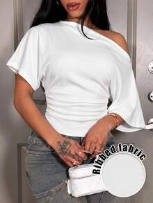 Slaydiva New Summer/Fall Women's Ribbed Off Shoulder Trim Top/Y2k/Holiday/Streetwear/Sexy/Goth/Rave/Going Out/Concert/Party/Night Club/Casual/Back To School - White - View 2