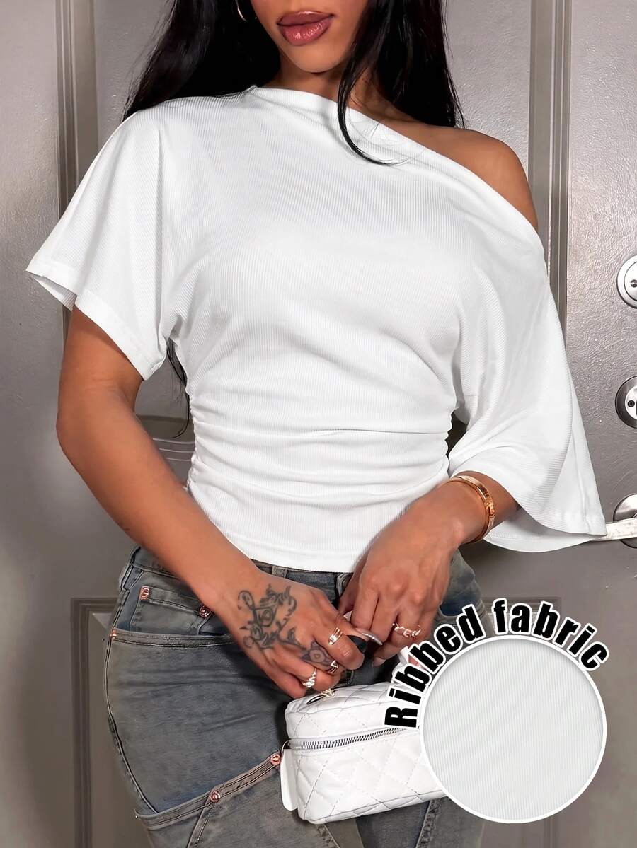 Slaydiva New Summer/Fall Women's Ribbed Off Shoulder Trim Top/Y2k/Holiday/Streetwear/Sexy/Goth/Rave/Going Out/Concert/Party/Night Club/Casual/Back To School