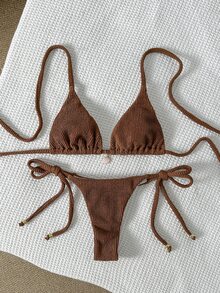 SHEIN Swim Women's Jacquard Fabric Halter Metal Decor Sexy Bikini Set, Summer - Brown - View 4
