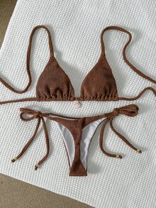 SHEIN Swim Women's Jacquard Fabric Halter Metal Decor Sexy Bikini Set, Summer - Brown - View 3