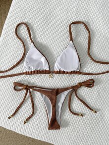 SHEIN Swim Women's Jacquard Fabric Halter Metal Decor Sexy Bikini Set, Summer - Brown - View 2