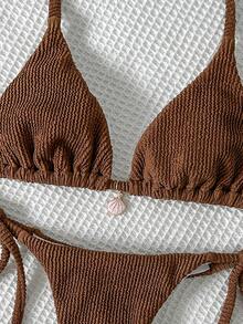 SHEIN Swim Women's Jacquard Fabric Halter Metal Decor Sexy Bikini Set, Summer - Brown - View 5