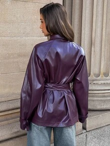 Aloruh Women's Solid Color Raglan Long Sleeve Double-Breasted Casual Smart Casual Streetwear Trench Coat New Fall Styles Boho Jacket Leather Coat - Purple - View 3