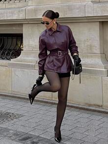 Aloruh Women's Solid Color Raglan Long Sleeve Double-Breasted Casual Smart Casual Streetwear Trench Coat New Fall Styles Boho Jacket Leather Coat - Purple - View 4
