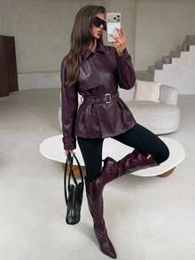 Aloruh Women's Solid Color Raglan Long Sleeve Double-Breasted Casual Smart Casual Streetwear Trench Coat New Fall Styles Boho Jacket Leather Coat - Purple - View 7