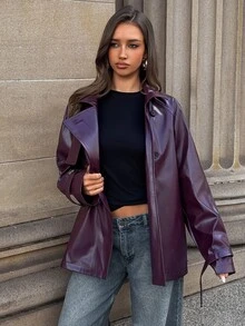 Aloruh Women's Solid Color Raglan Long Sleeve Double-Breasted Casual Smart Casual Streetwear Trench Coat New Fall Styles Boho Jacket Leather Coat - Purple - View 6