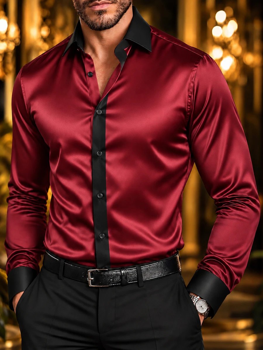Manfinity AFTRDRK Men's Business Casual Satin Fabric Design Dark Color Block Long Sleeve Shirt - Burgundy - View 1