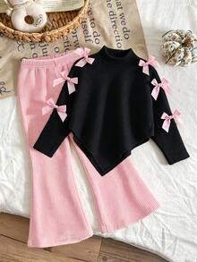 SHEIN 小女孩 2 件組秋季套裝，長袖不對稱下擺上衣飾粉色蝴蝶結搭配長褲，返校季 7 歲生日穿搭 - 彩色 - 查看 9