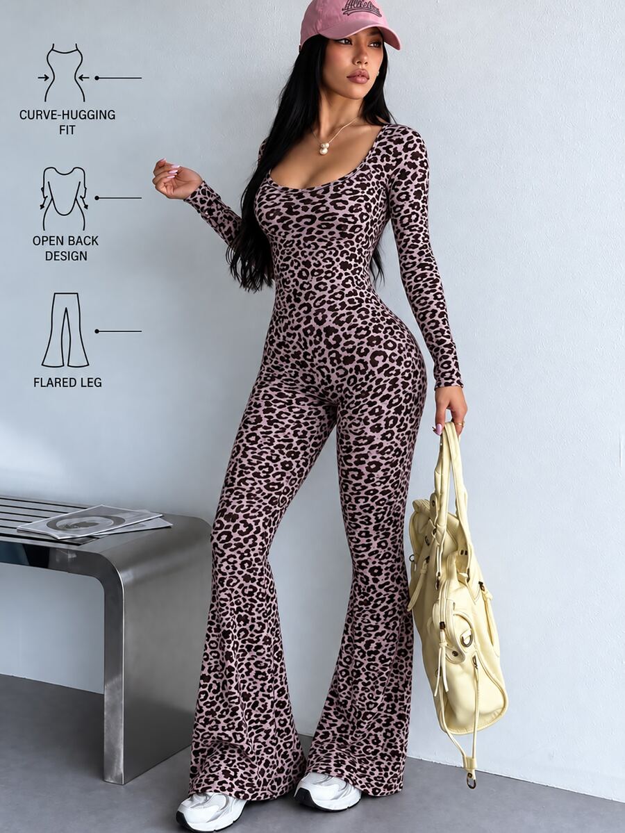 Easithlete Easithlete 1pc Pink Leopard Print Long Sleeve Jumpsuit, Square Neck Low U Back Adjustable Strap Slim Flare Leg One Piece Outfit - Pink - View 1