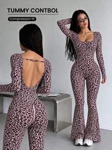 Easithlete Easithlete 1pc Pink Leopard Print Long Sleeve Jumpsuit, Square Neck Low U Back Adjustable Strap Slim Flare Leg One Piece Outfit - Pink - View 3