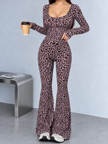 Easithlete Easithlete 1pc Pink Leopard Print Long Sleeve Jumpsuit, Square Neck Low U Back Adjustable Strap Slim Flare Leg One Piece Outfit - Pink - View 6