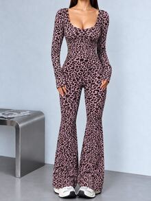 Easithlete Easithlete 1pc Pink Leopard Print Long Sleeve Jumpsuit, Square Neck Low U Back Adjustable Strap Slim Flare Leg One Piece Outfit - Pink - View 4