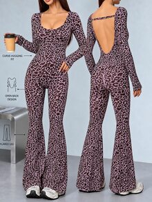 Easithlete Easithlete 1pc Pink Leopard Print Long Sleeve Jumpsuit, Square Neck Low U Back Adjustable Strap Slim Flare Leg One Piece Outfit - Pink - View 5