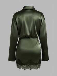 Coastalzia Premium Glossy Satin Lace Patchwork Shirt-Style Long Sleeve Ruched Waist Fitted Bodycon Mini Dress For Women - Green - View 2