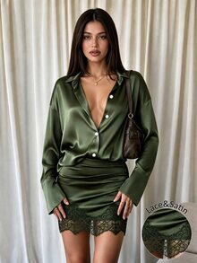 Coastalzia Premium Glossy Satin Lace Patchwork Shirt-Style Long Sleeve Ruched Waist Fitted Bodycon Mini Dress For Women - Green - View 3