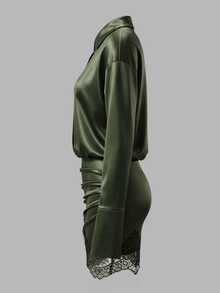 Coastalzia Premium Glossy Satin Lace Patchwork Shirt-Style Long Sleeve Ruched Waist Fitted Bodycon Mini Dress For Women - Green - View 5