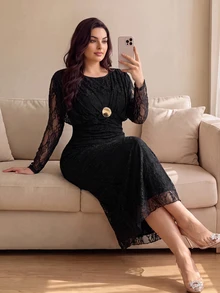 Cirelune Elegant Lace Round Neck Long Sleeve Fitted Regular Fit Plus Size Dress For Spring And Autumn - Black - View 1