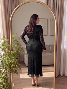 Cirelune Elegant Lace Round Neck Long Sleeve Fitted Regular Fit Plus Size Dress For Spring And Autumn - Black - View 2