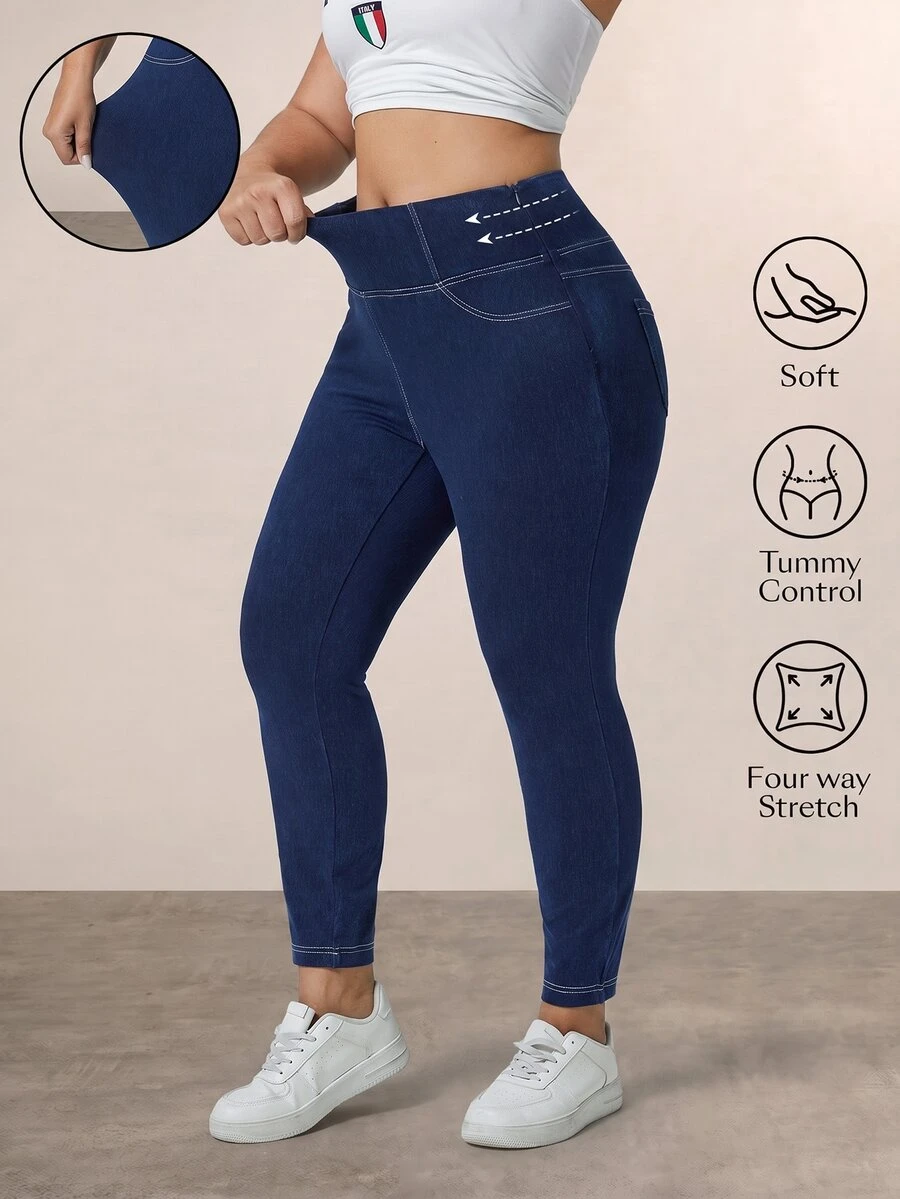 Flexra Plus Size Casual Distressed Relaxed Fit Stretchy Knit Skinny Jeans Apple Bottom Jeans - Blue - View 1