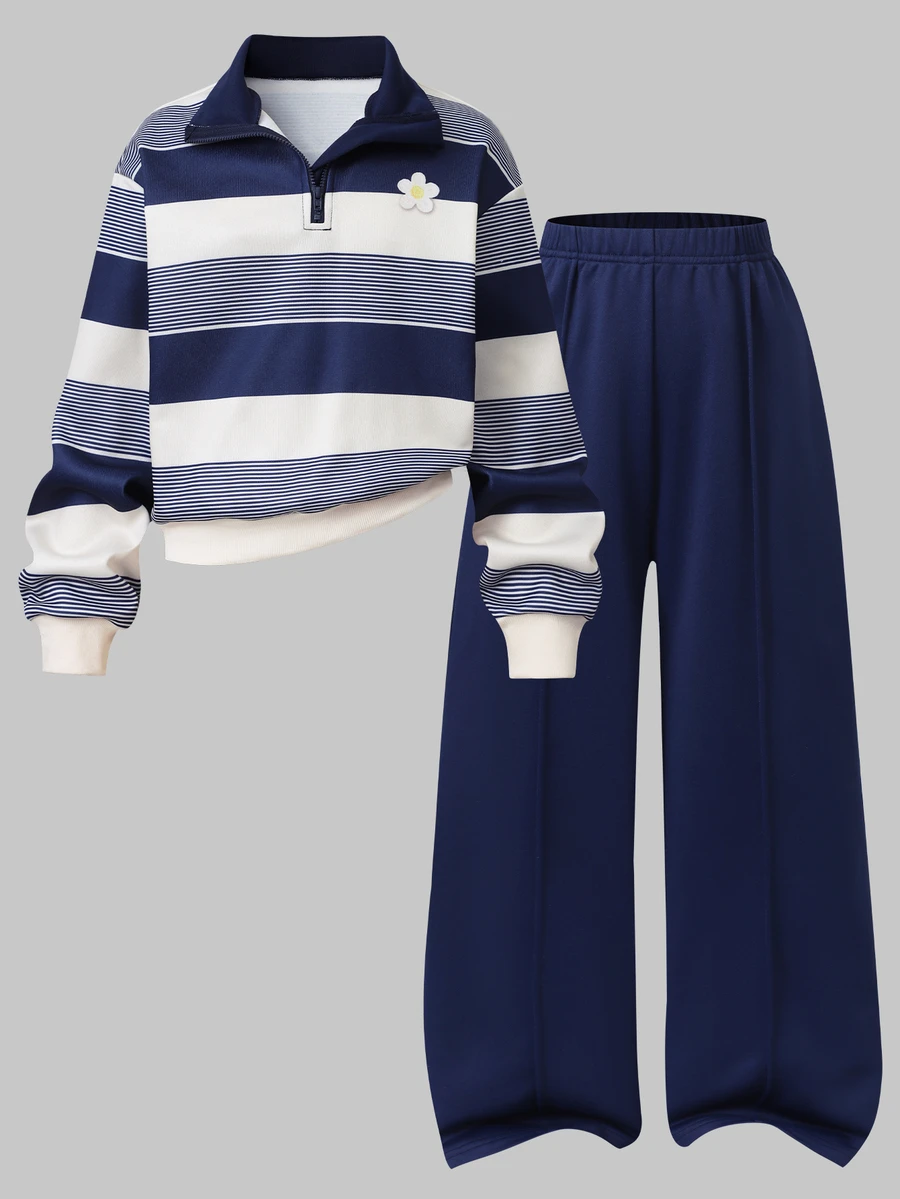 SHEIN Tween Girls 2pcs/Set Striped Fleece Half-Zip Sweatshirt & Wide Leg Pants Tracksuit, Color-Blocked Printed Activewear, Fall Winter Back To School - Blue - View 1
