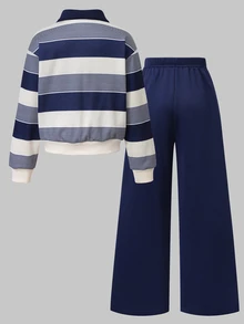 SHEIN Tween Girls 2pcs/Set Striped Fleece Half-Zip Sweatshirt & Wide Leg Pants Tracksuit, Color-Blocked Printed Activewear, Fall Winter Back To School - Blue - View 2