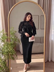 Cirelune Women's Ruffle Waist Top And Bodycon Skirt 2 Pieces Set, Elegant Commuter Design, Plus Size - Black - View 2