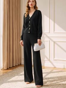 SHEIN Franclia 2 件套女士休闲宽松针织毛衣和裤子家居服套装，舒适简约的设计 - 黑色 - 查看 7