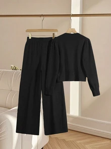 SHEIN Franclia 2 件套女士休闲宽松针织毛衣和裤子家居服套装，舒适简约的设计 - 黑色 - 查看 2