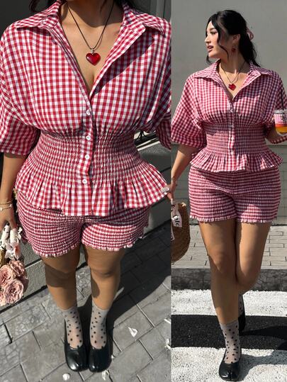 GalTyme Plus Size Women's Plaid Single-Breasted Waist Tie Shirt And Shorts 1950s 80s Vintage 1920s 2 Pieces Set Spring/Summer Oktoberfest Red And White Travel
