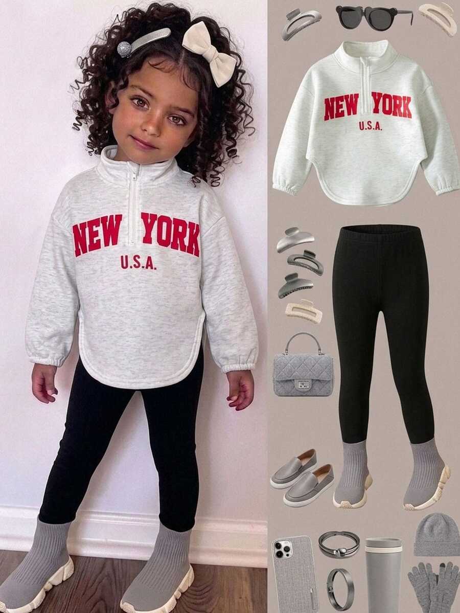 Young Girl Zipper Half-Placket Long Sleeve Sweatshirt And Fitted Long Pants Set - Multicolor - View 1