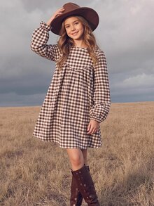 SHEIN 女童大童秋季棕色格紋長袖娃娃裙休閒可愛優雅復古日常穿搭 - 咖啡棕 - 查看 5