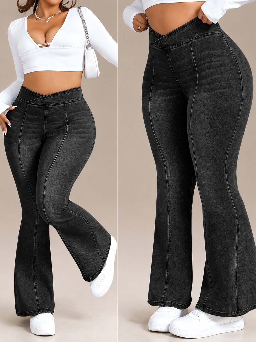Flexra Plus Size Women's Fashion Casual Flare Jeans - Black - View 1