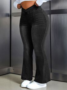 Flexra Plus Size Women's Fashion Casual Flare Jeans - Black - View 9