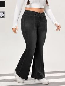 Flexra Plus Size Women's Fashion Casual Flare Jeans - Black - View 4