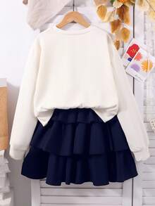 SHEIN Tween Girl Fall Outfits 2 Pieces 3D Bow Rhinestone Long‑Sleeve Sweatshirt Tiered Ruffle Skirt Set Cute Off-White Navy Blue School Birthday - Apricot - View 3