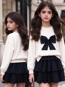 SHEIN Tween Girl Fall Outfits 2 Pieces 3D Bow Rhinestone Long‑Sleeve Sweatshirt Tiered Ruffle Skirt Set Cute Off-White Navy Blue School Birthday - Apricot - View 4