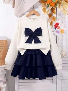 SHEIN Tween Girl Fall Outfits 2 Pieces 3D Bow Rhinestone Long‑Sleeve Sweatshirt Tiered Ruffle Skirt Set Cute Off-White Navy Blue School Birthday - Apricot - View 2