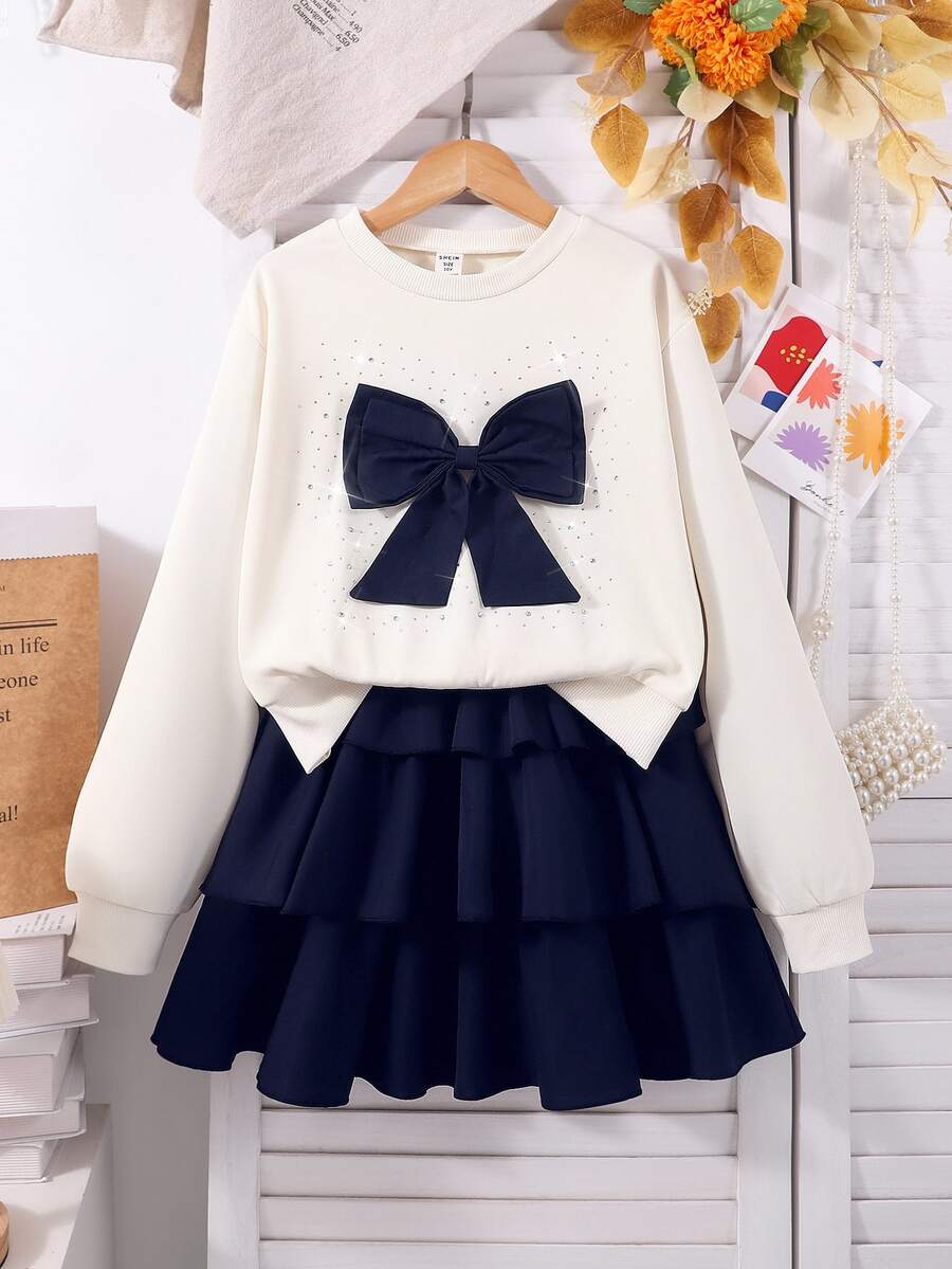 SHEIN Tween Girl Fall Outfits 2 Pieces 3D Bow Rhinestone Long‑Sleeve Sweatshirt Tiered Ruffle Skirt Set Cute Off-White Navy Blue School Birthday