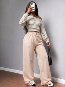 Slaydiva New Summer Women's Striped One-Shoulder Sweatshirt Top And Sweatpant 2pcs/Y2k/Holiday/Rave/Club Everyday/Casual/Streetwear/Beige Stripes - Multicolor - View 3