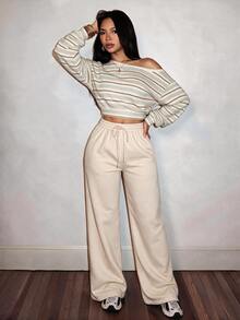 Slaydiva New Summer Women's Striped One-Shoulder Sweatshirt Top And Sweatpant 2pcs/Y2k/Holiday/Rave/Club Everyday/Casual/Streetwear/Beige Stripes - Multicolor - View 1