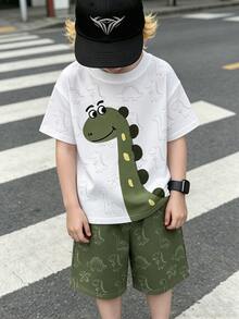 SHEIN 小男孩休閒嬰兒時尚白色夏季恐龍印花圓領短袖T恤配短褲套裝 度假海灘生日海邊穿搭 - 彩色 - 查看 2