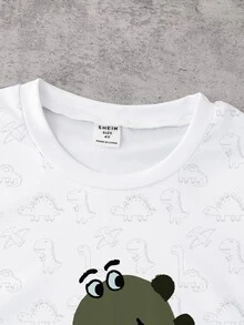 SHEIN 小男孩休閒嬰兒時尚白色夏季恐龍印花圓領短袖T恤配短褲套裝 度假海灘生日海邊穿搭 - 彩色 - 查看 8