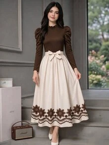 SHEIN 13-16Y 青少年女孩公主洋裝 長版泡泡袖 棕色上衣 Fil Coupe 紋理蝴蝶結 A字裙 優雅聖誕生日派對度假服 - 彩色 - 查看 1