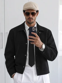 HUEFORM Men's Old Money Mature Style Wool Jacket, Thick Lapel Loose Crop Top, Corduroy Collar Panel,Suitable For Daily Commuting And Business Occasions - Black - View 1
