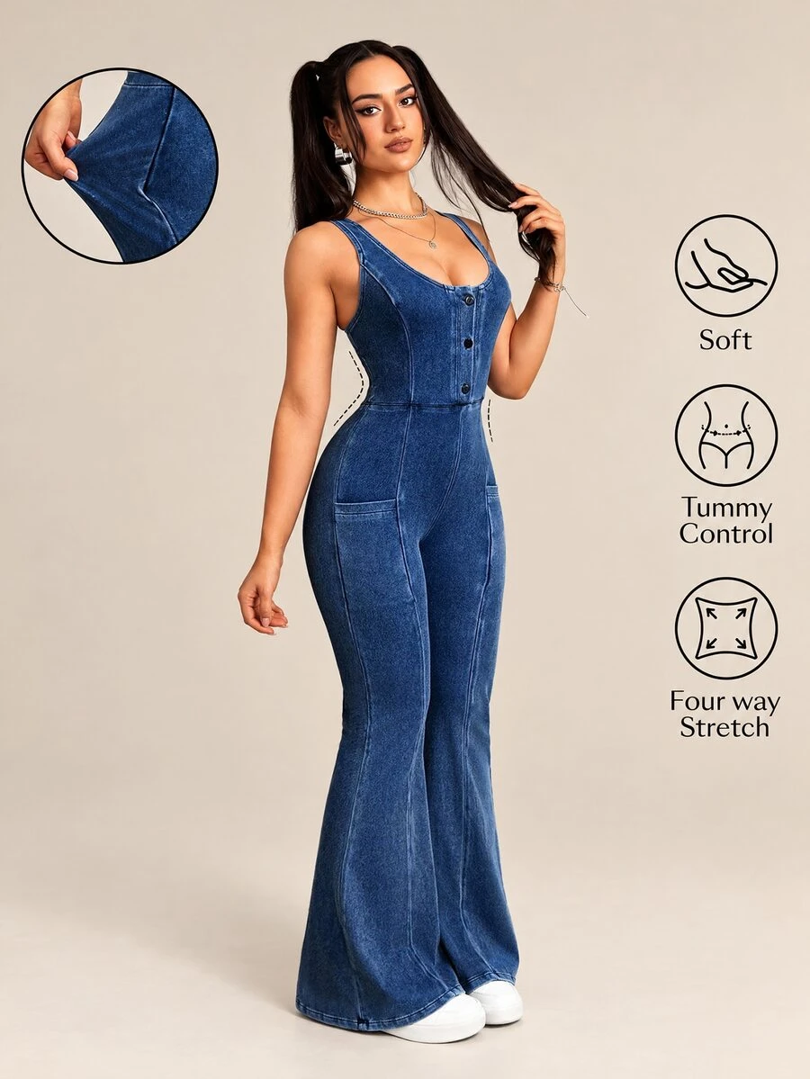 Flexra Women's Casual Washed Slim-Fit Flared Denim Jumpsuit - Dark Wash - View 1