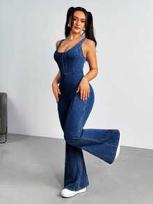 Flexra Women's Casual Washed Slim-Fit Flared Denim Jumpsuit - Dark Wash - View 4