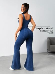 Flexra Women's Casual Washed Slim-Fit Flared Denim Jumpsuit - Dark Wash - View 3